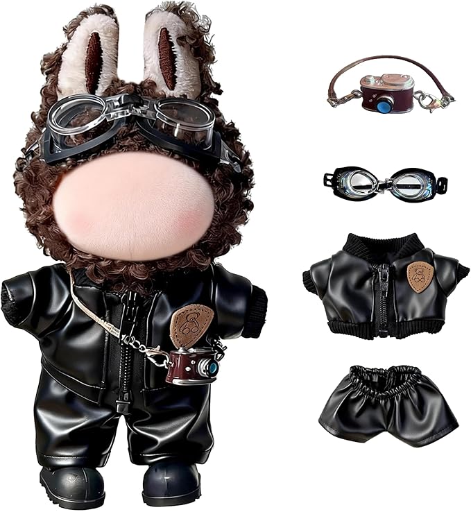 Doll Clothes for LABUBU - 17cm Urban Streetwear Outfits & Accessories Set, 4Pcs with Jacket, Pants, Camera & Goggles (Doll Not Included).