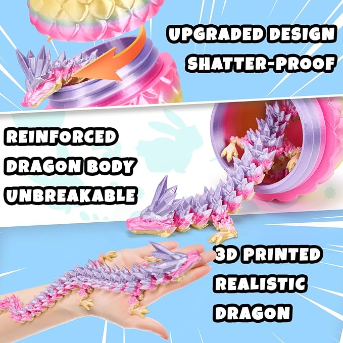 3D Printed Dragon Easter Egg, Mystery Crystal Articulated Dragon Fidget Toys, Surprise Prefilled Easter Egg Filled with Toy - Basket Essentials Stuffers for Kids Girls Boys (Random Candy Colors)