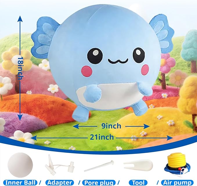 Bouncing Balls for Kids, 29in/73cm Axolotl Plush Axolotl Toys for Girls, Inflatable Ride on Bouncer W/Pump Bounce Ball Support Up to 176 Pounds, Indoor Outdoor, Blue(5-7 Years)