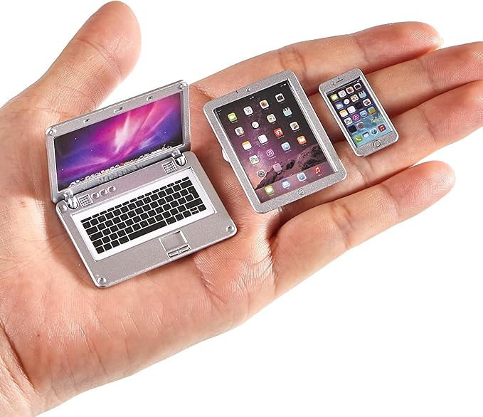 1:12 1:6 Scale Dollhouse Decor Accessories Laptop, Miniature Laptop Tablet Smart Phone Stuff Doll House Mini Play Set Accessories (Silver)
