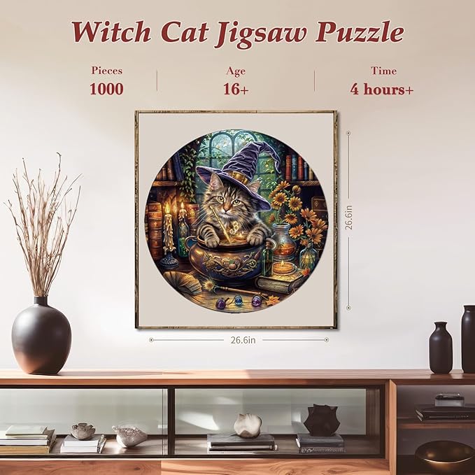 1000 Piece Puzzle for Adult, Magic Feline Art Jigsaw Puzzle 1000 Pieces, Impossible Challenging Fun Puzzle for Adult, Round 26.6 x 26.6 Inch Unique Difficulty Puzzle for Birthday Gift
