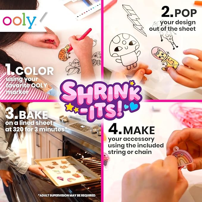 Ooly 28 PC DIY Shrinking Art Kit for Kids, 20 Plastic Pre Cut Charms and More, No Mess Creative Activity Jewelry Making Kit - Garden PALS
