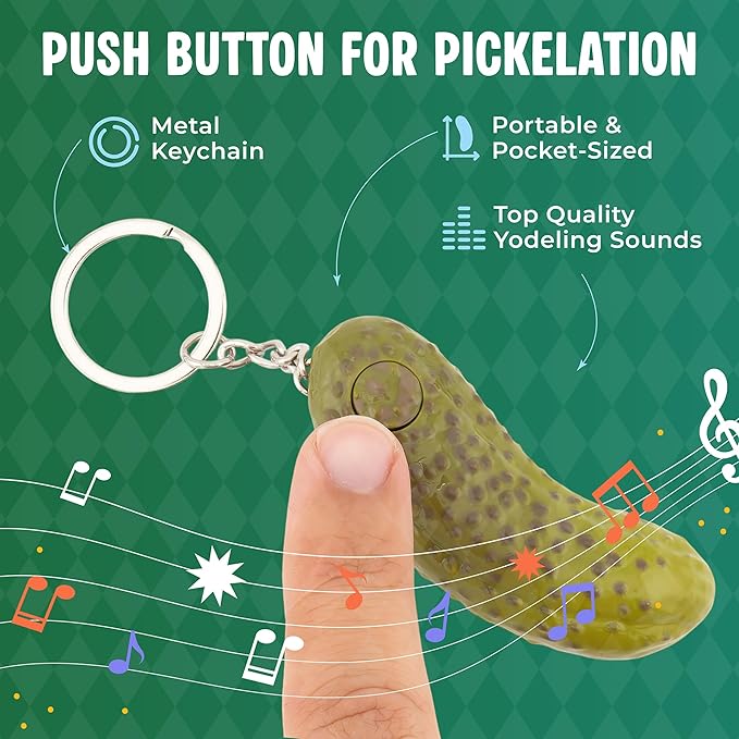DR DINGUS Tiny Yodeling Pickle Keychain (3 Inches) - Sings Dill-lightful Musical Yodel Song - Singing Novelty Gag Gift for Friends Family Coworkers Office Students Classroom White Elephant