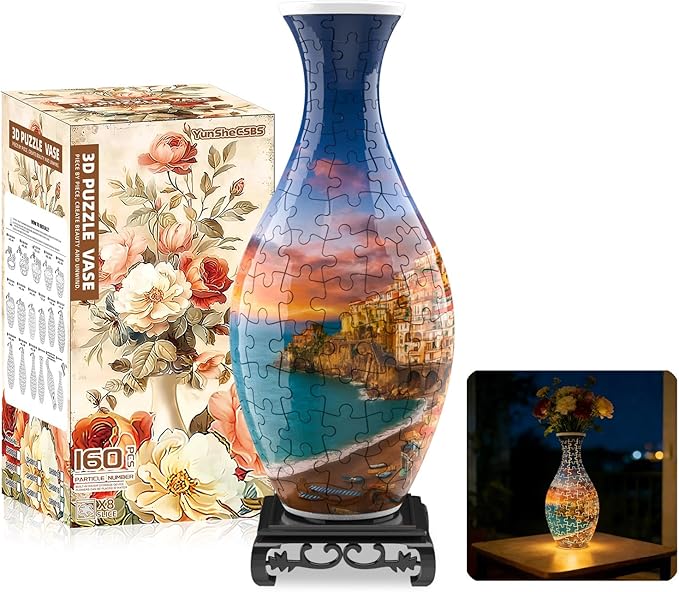 3D Puzzles Vase for Adults, Crafts for Adults, 160 Pieces Plastic DIY Unique Flower Vase with LED Light House Warming Gift Birthday Gifts for Flower Arrangements and Home Decor (Sea and House)
