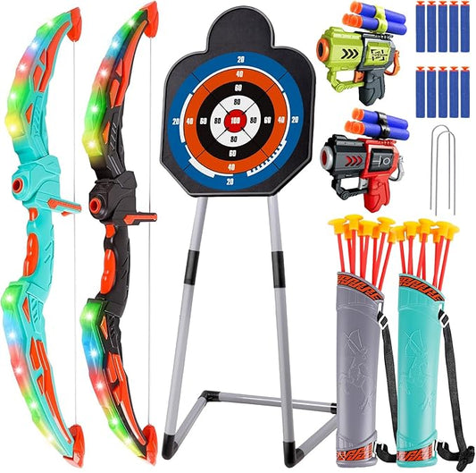 TWFRIC 2 Pack Bow and Arrow for Kids - LED Light Up Archery Set with 16 Arrows, 1 Standing Target & 2 Quivers - Fun Indoor/Outdoor Toy for Boys & Girls Aged 3-12