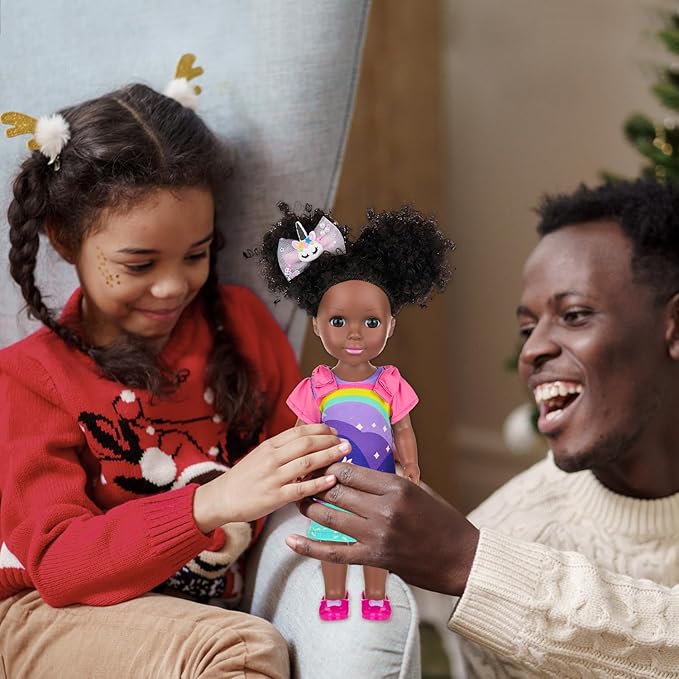 Ecore Fun 14 Inch Black Doll with Black Baby Doll Clothes Accessories – Including Dress, Top, Skirt, Shoes, Comb, Mirror, Hairclip, Phone & Stickers - African Realistic Silicone Girl Dolls for Girls