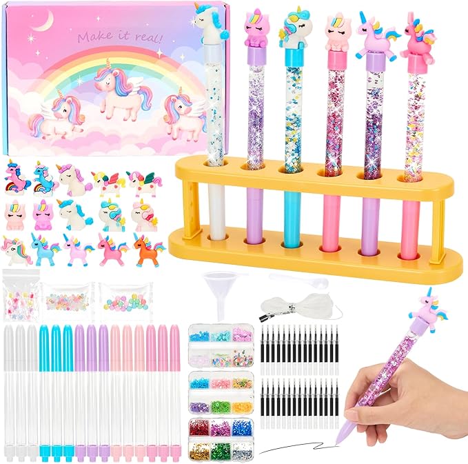 Bafeil Unicorn DIY Pen Making Kit, 15 Make Your Own Glitter Pens Creator Studio with Sequins Beads, Creative Arts & Crafts Marker Set, Personalized Colouring Pens Birthday Back School Gift