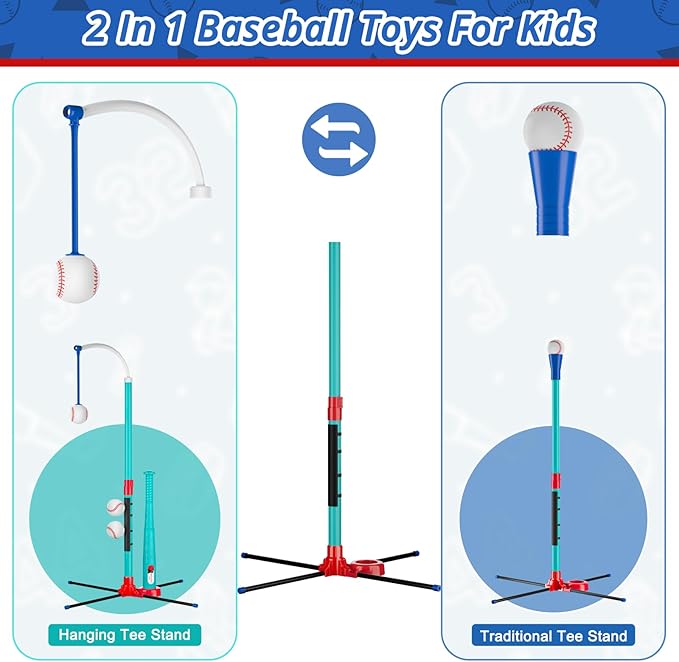 3-in-1 T Ball Set for Kids: Hanging Batting Tee + T Ball Stand Set Auto BaseBall Launcher for Toddlers & Youth Adjustable Height with 2 Bats 6 balls Outdoor&Indoor Toys Sports Gifts for 3-12 years old
