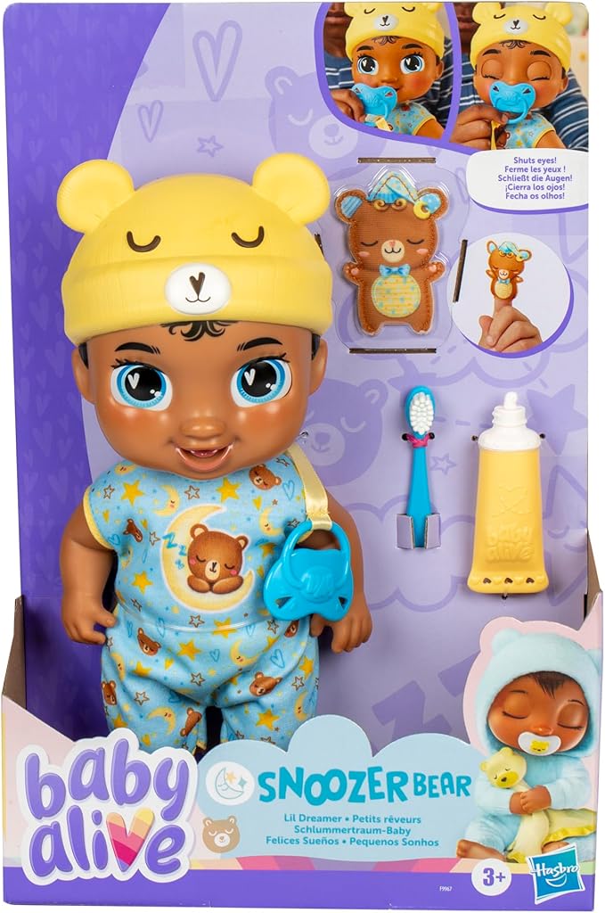 Baby Alive Lil Dreamer Snoozer Bear Sleepy Boy Baby Doll Set, Black Hair, Fun Sleepover Theme, Preschool Toys for Kids 3 Years & Up