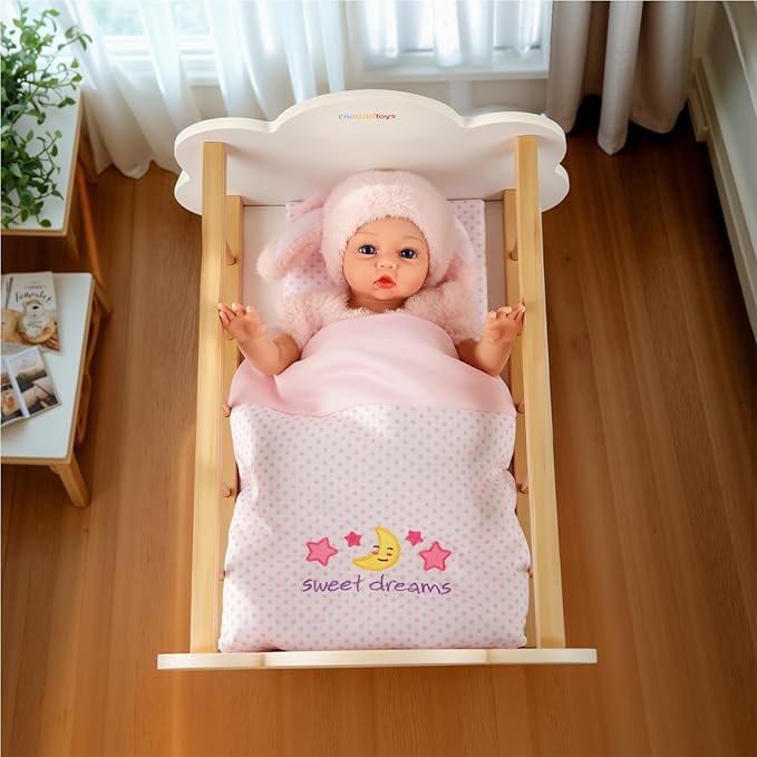 BABESIDE 2 Pcs Baby Doll Bedding Set for 12-15 Inch Dolls, Pink Polka Dot Baby Doll Blanket and Pillow Set with Cute Moon & Stars Pattern for Realistic Babydoll Accessories