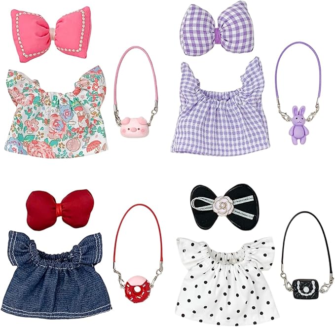 17 cm Doll Clothes 4 Sets - 6.7 Inches Cute Dolls Dress Outfits - Premium Fashion Accessories，Luxury Chic Doll Clothing & Style Bundle 3Pcs Set（Cute Doll Dress+Bow+Bag），Gifts for Lovers（No Dolls）