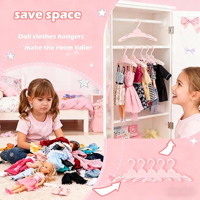 24 Pcs Doll Clothes Hangers for 18-Inch Dolls - Non-Slip, Space-Saving Wardrobe Accessories for Doll Gowns & Outfits (White&Pink)