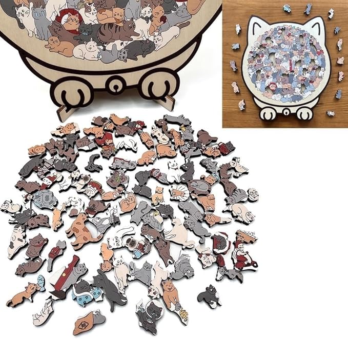 Cat Shaped Wooden Jigsaw Puzzle 135-Piece, Morandi Colors Animal Cats Decorative with Cats Outlines Framed and Acrylic Cover, Home Design Decor