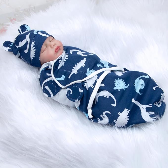 Reborn Baby Doll Clothes Outfit Accessories Swaddle Blanket & Hat 2 Pcs Set with Blue Dinosaur Patterns for 17-22 Inch Reborn Doll Newborn Boy
