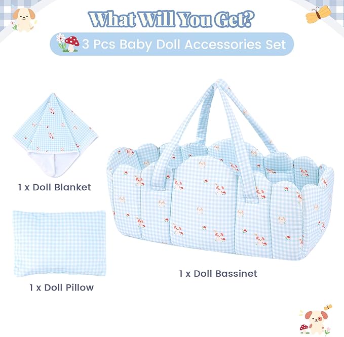 BABESIDE 3 Pcs Baby Doll Bassinet with Bedding Set for 17-22 Inch Babydolls, Cute Puppy Print Baby Dolls Crib Dolls Bed with Pillow Blanket for Reborn Baby Doll Accessories, Blue