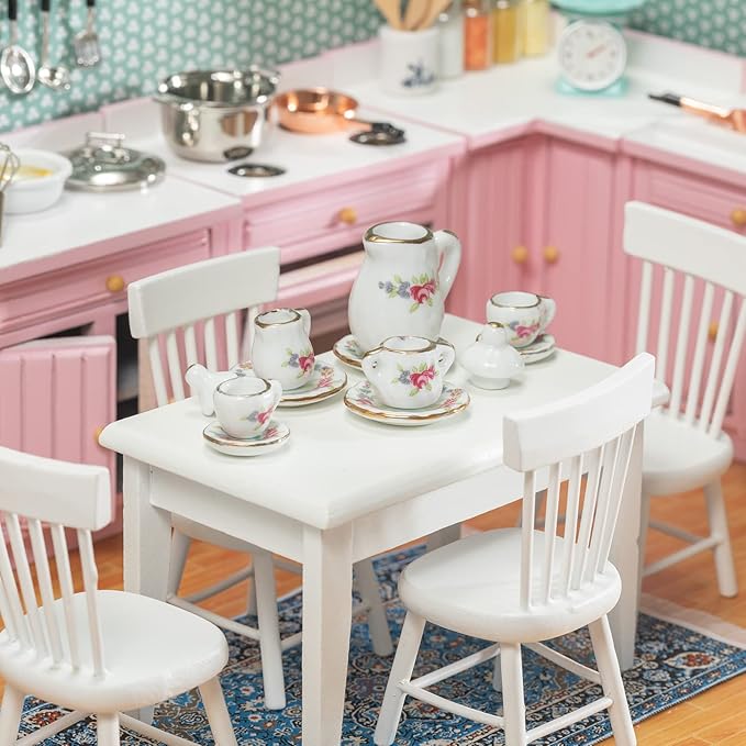 SAMCAMI Miniature Dollhouse Furniture 1 12 Scale - Doll House Furniture Toys for Dollhouse Kitchen - Wooden Dollhouse Furniture Set Incl Dining Table with Chairs, Tea Set, Carpet (White)