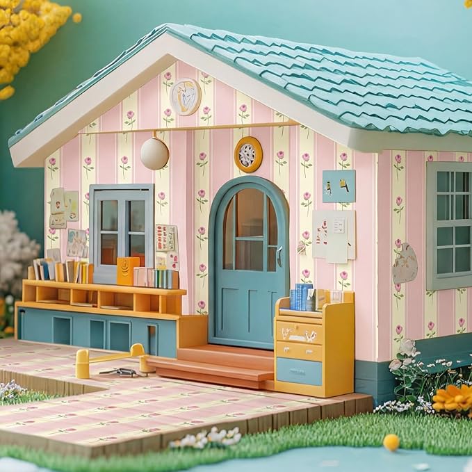 Flutesan 12 Pcs Miniature Dollhouse Wallpaper and Flooring Peel and Stick Mini DIY Self Adhesive Dollhouse Accessories 8.27 x 11.69 Inch (Pink Flower)
