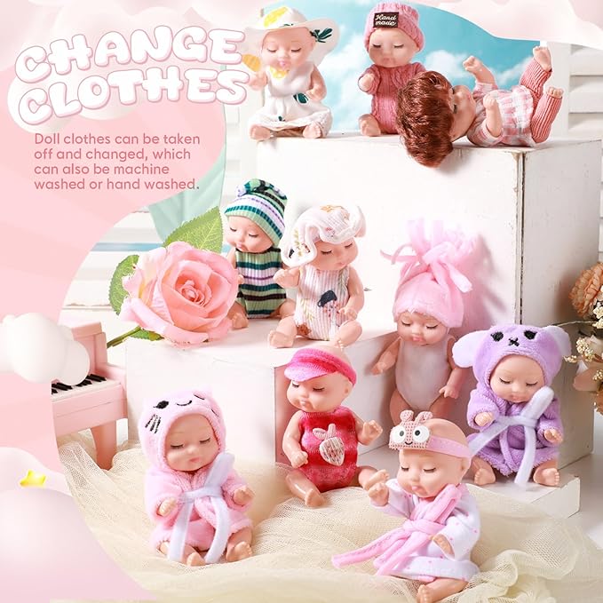 Hanaive 10 Pcs 4 Inch Mini Baby Dolls Lifelike Realistic Tiny Baby Dolls with Animal Clothes Cute Infant Figurine Gifts Set for Toddlers Girls Kids 3+ Easter Graduation Birthday(Cozy Style)