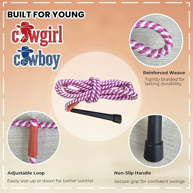 Kids Cowboy Lasso Rope Toy - Adjustable Pre-Tied Roping Rope, 84in Ranch Toy with Handle for Outdoor Pretend Play (Pink and White)
