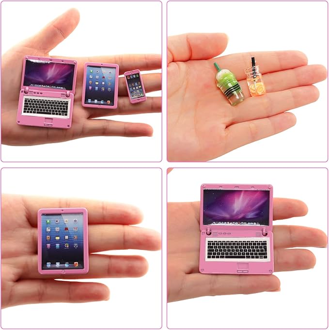 ENOCHT 9 Pack Small Size Laptop Computer Tablet Phone Pad Glasses and Headset Doll Playset Simulation Accessories for 11.5 Inch Doll (Pink)