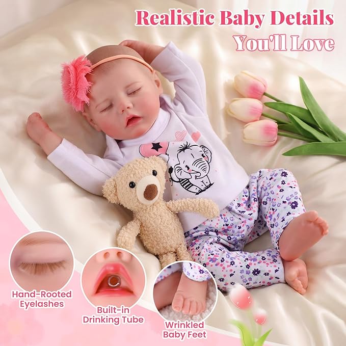 BABESIDE Drink and Wet Reborn Baby Dolls – 17 Inch Realistic Full Body Soft Vinyl Baby Doll, Can Drink & Pee, Real Life Sleeping Baby Doll Girl with Care Accessories, Gift for Kids Age 3+
