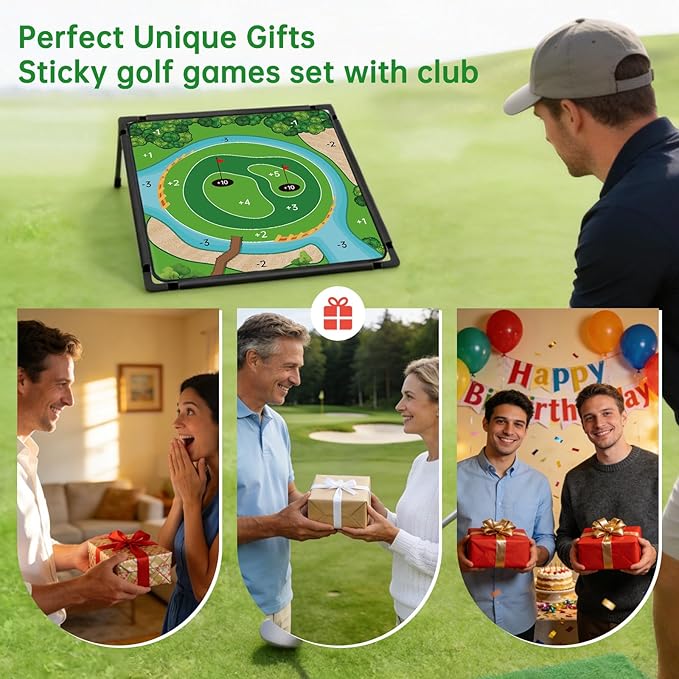 Golf Chipping Game Set Double-Sided,Golf Practice Target Mat with 20 Sticky Balls and Golf Club- Portable Indoor-Outdoor Chipping Golf Gift for Men, Women & Family (1Pack)