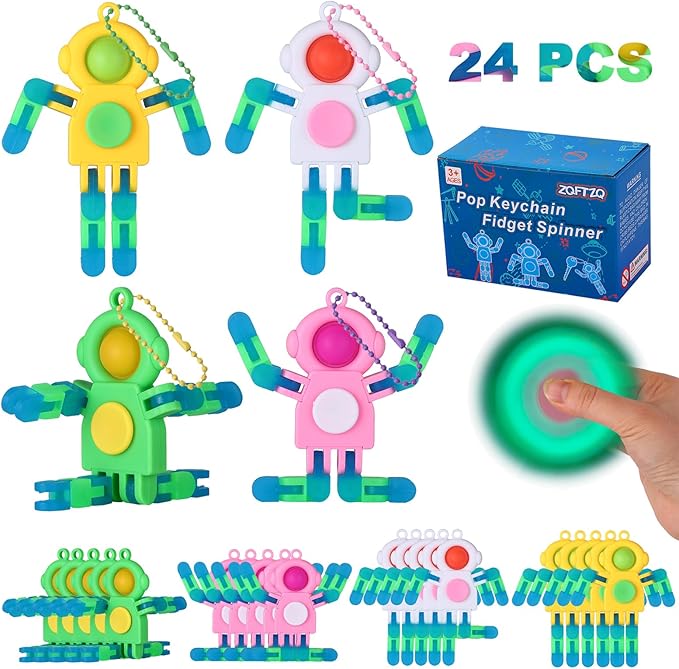 24Pcs Pop Fidget Spinners Bulk - Deformable Astronaut Fidget Spinner Keychain Robot Gyro Fidget Spinner for Kids Adults Glow in The Dark Sensory Toys Easter Party Favors Classroom Prizes