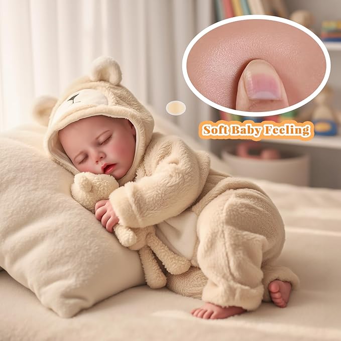BABESIDE Drink and Wet Reborn Baby Doll – 17 Inch Realistic Sleeping Newborn, Can Drink Water & Pee, Full Body Soft Vinyl Real Life Baby Doll Girl in Bear Outfit, for Kids Age 3+