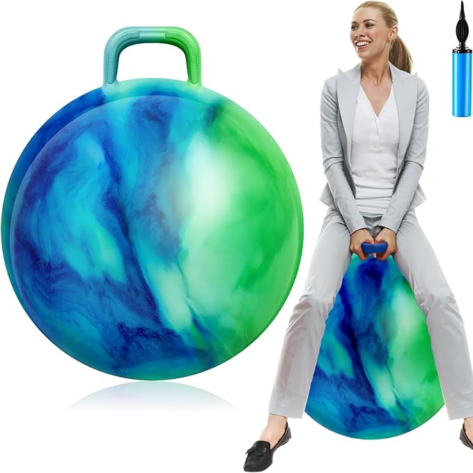 Lewtemi Hopper Ball for Adults, 29 Inch Bouncing Hippity Ball with Handle Rubber Hop, Jumping Hopping Exercise with Air Pump for Outdoors Sports Games Exercise (Blue Green Cloud)