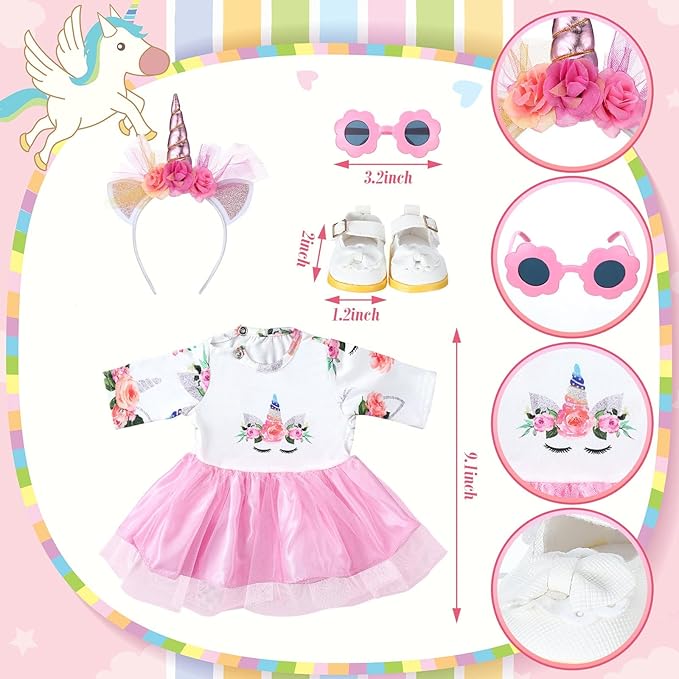Wettarn 18 Inch Doll Carrier Set with Clothes and Accessories Including Doll Travel Bag, Dress, Shoes, Sunglasses, Backpack and Unicorn for Unicorn Birthday Gift (Cute,Red)