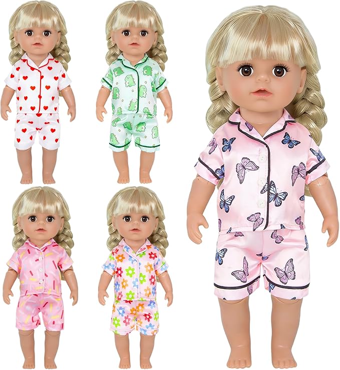 5 Set American 18" Doll Clothes, Silk Baby Girl Dolls Clothes for 12-18 inch Dolls, Cartoon Animal Outfits with Short Tops and Pants Baby Doll Accessories Girls Birthday Gift