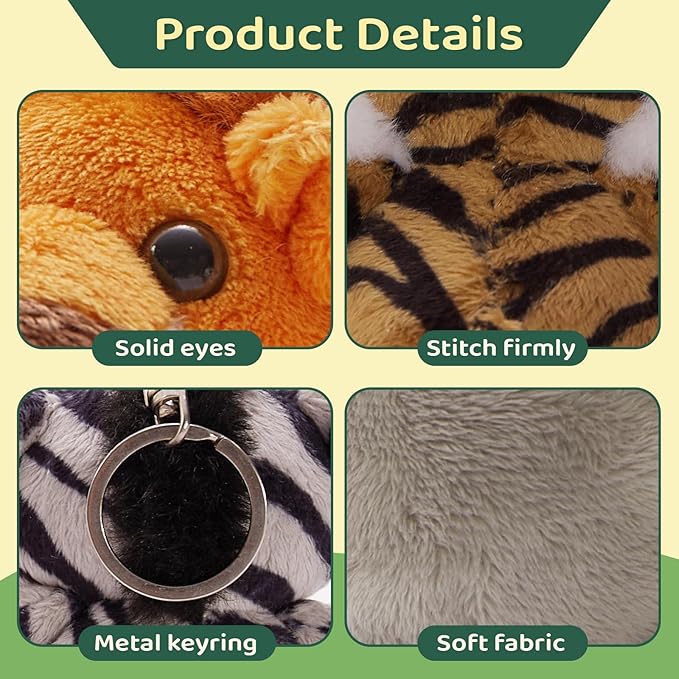 Tezituor 6 Pack Small Stuffed Animals Keychain,Cute Forest Animal Keychain Bulk,6" Mini Plush Toys,Lion/Tiger/Cheetah/Elephant/Giraffe/Zebra Kids Backpack Charm for Christmas, Easter, Birthday