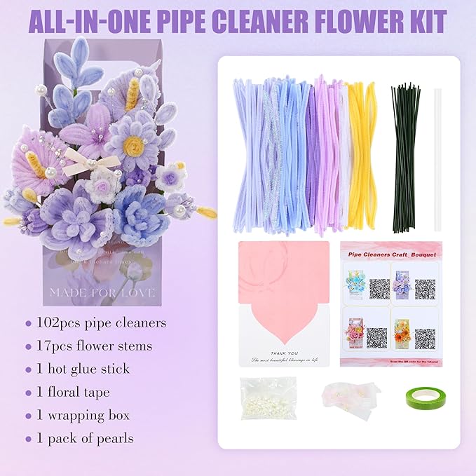 ERNTRNL Pipe Cleaners Craft - Pipe Cleaners Flower Bouquet Supply Kit for Craft Art Project Activity, Birthday Mother’s Day Graduations Anniversaries Gifts