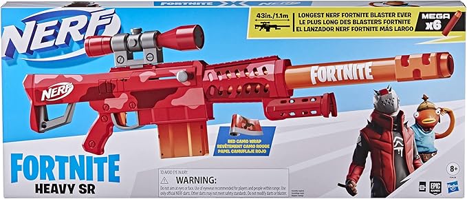 Nerf Fortnite Heavy SR Blaster Scope; Big Blaster; 6 Mega Darts; 6-Dart Clip; Kids Toy Foam Blasters; Fortnite Toys for Boys and Girls