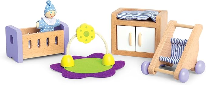 Hape Wooden Doll House Furniture Baby's Room Set with Baby| Pretend Playset for Kid’s Wooden Dollhouse