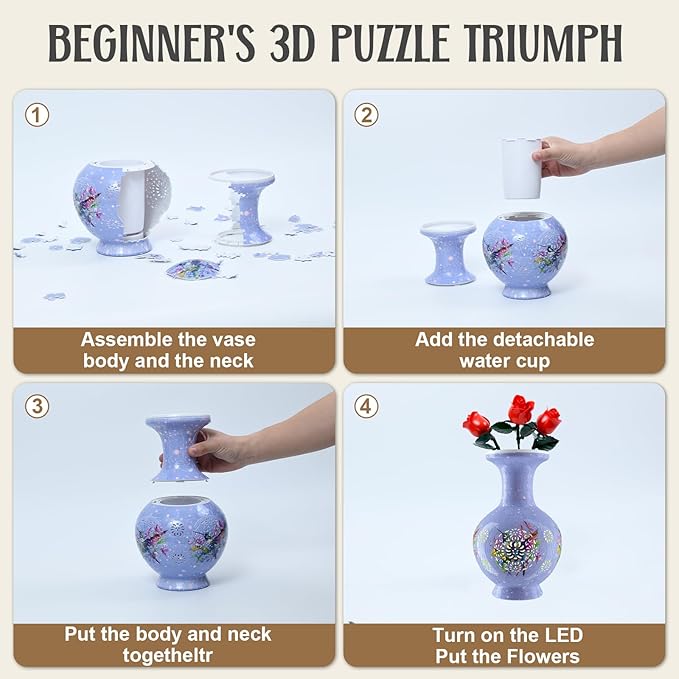 3D Puzzles Vase for Adults, 200 Pieces Plastic DIY Unique Flower Vase with LED Light House Warming Gift Birthday Gifts for Flower Arrangements and Home Decor,Crafts for Adults