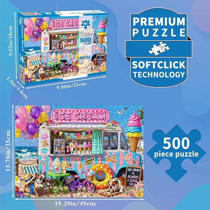 500 Piece Jigsaw Puzzle for Adults - Beach Ice Cream Truck with Cute Bulldogs Jigsaw Puzzles 500 Pieces Puzzles for Adults Finished Size 19.3“ x 13.7”