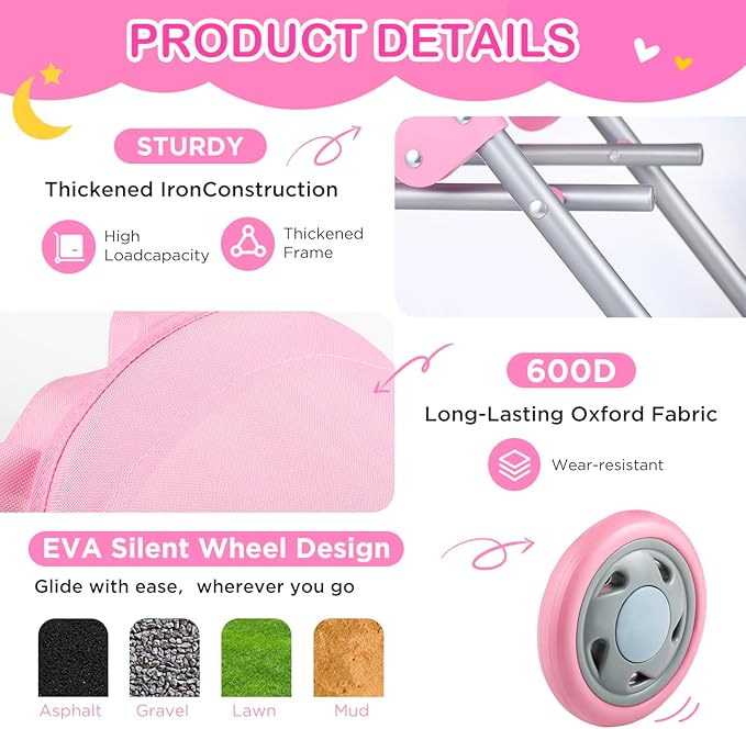 GAGAKU Baby Doll Stroller for Toddlers, Foldable Toy Stroller with Storage Basket and Bag, Diapers - Reborn Doll Accessories for Girls & Kids Ages 3+, Pink