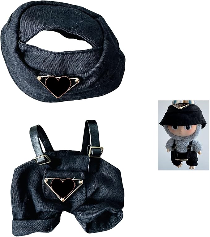 Clothes for 6.7" / 17cm Doll – Premium LABUBU Black Overalls Outfit with Miniature Accessories (Doll Not Included)