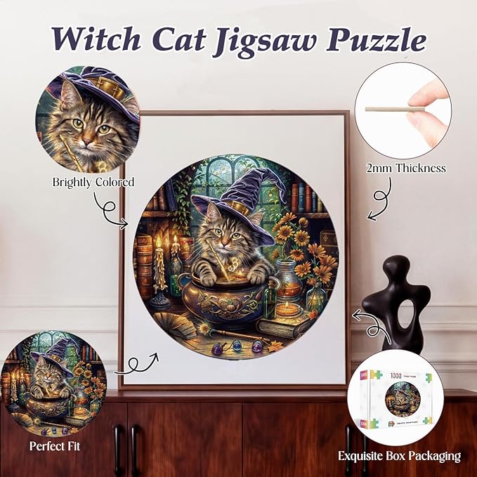1000 Piece Puzzle for Adult, Magic Feline Art Jigsaw Puzzle 1000 Pieces, Impossible Challenging Fun Puzzle for Adult, Round 26.6 x 26.6 Inch Unique Difficulty Puzzle for Birthday Gift
