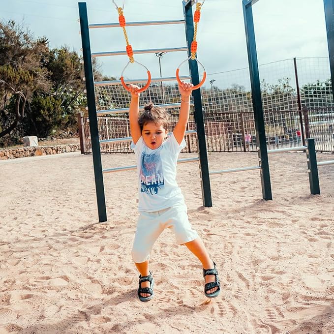 Fitness Gymnastic Ring Swing Monkey Bar Fists Trapeze Obstacle Course For Backyard Outdoor Indoor Jungle Home Gym, 4 Pack Orange Hang Ninja Rope Rings Warrior Accessories Playground Training Equipment