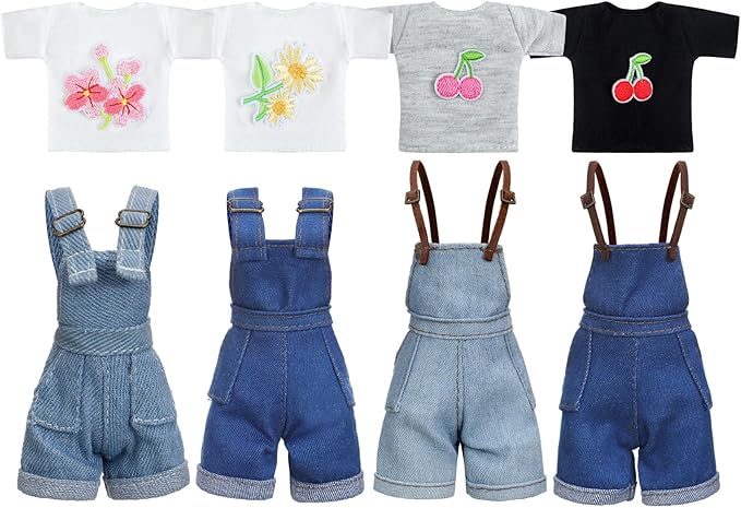 Bencailor 8 Pieces Summer Doll Clothes for 11.5 Inch Doll Accessories Sweaters Denim Pant Regular Outfit Clothing for Girls(T Shirt and Suspender Trousers)