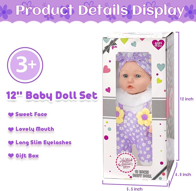 12" Flower Pattern Baby Doll With Backpack Carrier Can Store Clothes and Accessories,12 Inch Baby Dolls Set In Gift Box With Hanky Pacifier Bottle Pretend Baby Care Toy For Girl Child Toddler 3+ Gifts