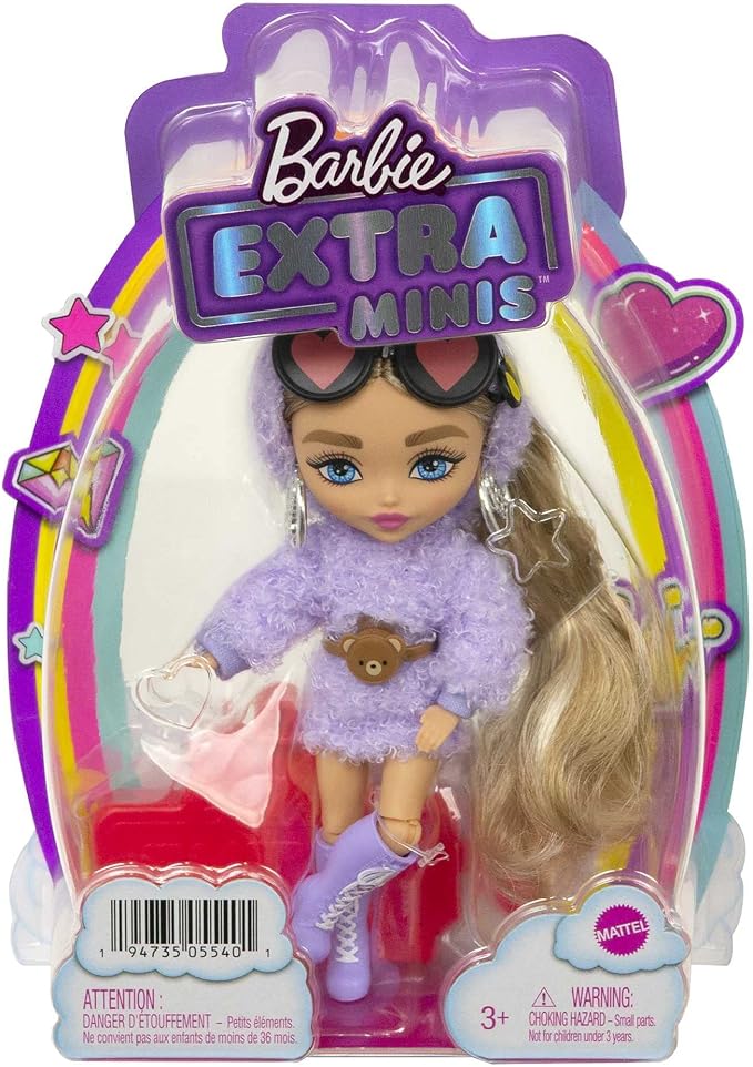 Barbie Extra Minis Doll #4 (5.5 in) Wearing Fluffy Purple Fashion, with Doll Stand & Accessories Including Teddy Ears and Sunglasses, Gift for Kids 3 Years Old & Up