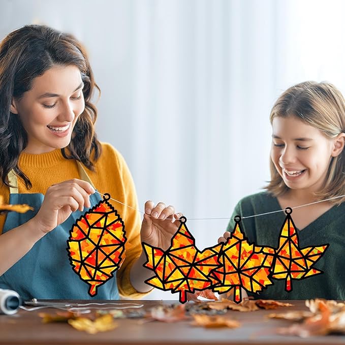 32 Sets Thanksgiving Fall Maple Leaf Suncatchers Craft Kit DIY Window Stained Glass Effect Autumn Maple Leaf Paper Crafts Home School Classroom Decoration Kid Gift Creative Art Project Activity Game
