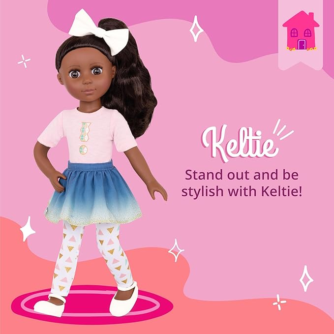 Glitter Girls – 14-Inch Fashion Doll – Long Brown Hair & Brown Eyes – Top & Blue – Ombre Skirt with Gold Glitter – Medium – Dark Skin Tone – 3+ Years– Keltie