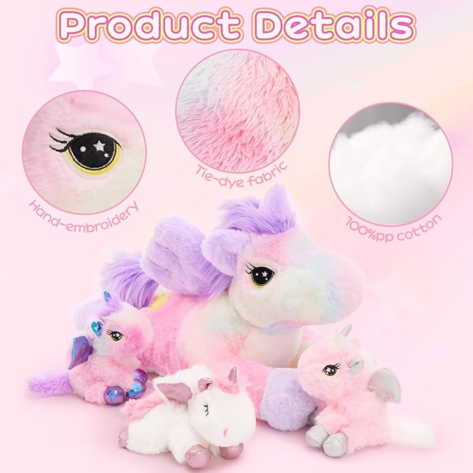 Tezituor Cute Unicorn Stuffed Animal,4 Pcs Plush Toy Set,Large Glow-in-the-Dark Unicorns Plushies with Wings,Giant Rainbow Pink Unicorn Big Stuffy Gifts for Girls Adults Valentines Christmas Birthday