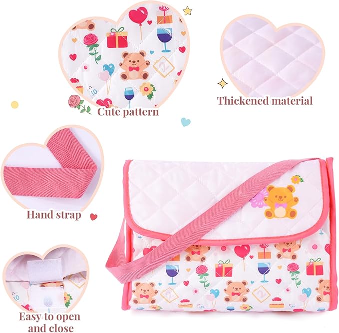 BABESIDE 6 Pcs Reborn Baby Doll Accessories Set for 17-22 Inch Dolls, Feeding & Diaper Bag Play Set with Bib, Bottle, Diapers & Changing Pad, Toy Gift for Girls (Doll Not Included)
