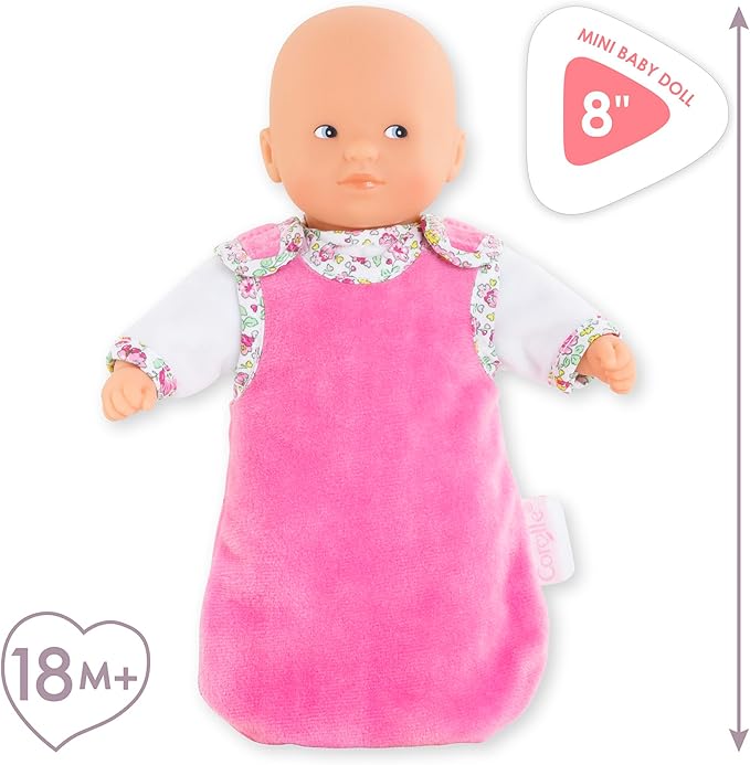 Corolle Mini Calin “Good Night” Blossom Garden - 8" Soft Boy Baby Doll with Vanilla Scent, White and Pink Pajamas, Sleeping Bag & Sleeping Eyes for Girls Ages 18 Months+, Cute Reborn Realistic