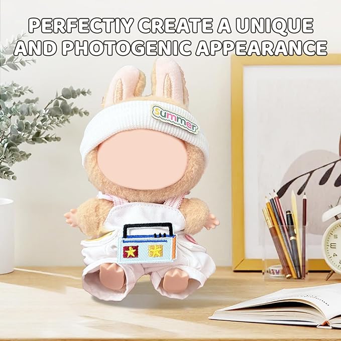 17cm Doll Clothes Set for Labubu – White Outfit with Headband & Overalls – Designer Clothes for 17cm Sitting or Standing Dolls (No Doll)